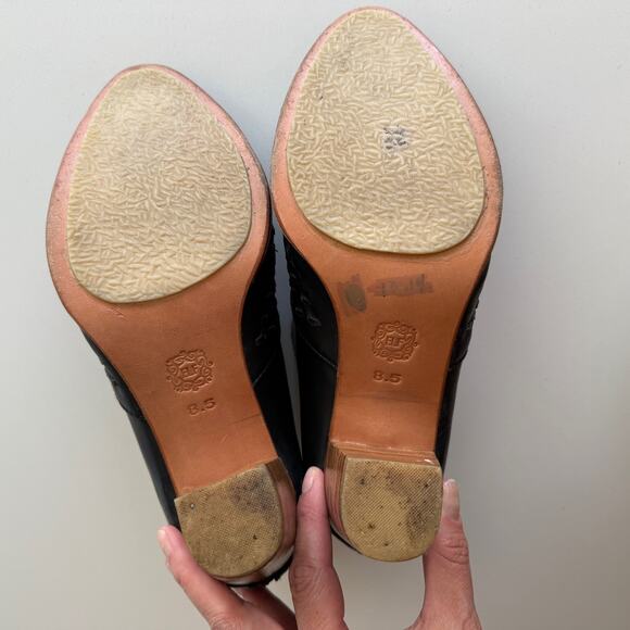 ELF Woven Leather Back Zip Stacked Wooden Heel Black Ankle Booties Shoes 8.5 - Picture 7 of 8